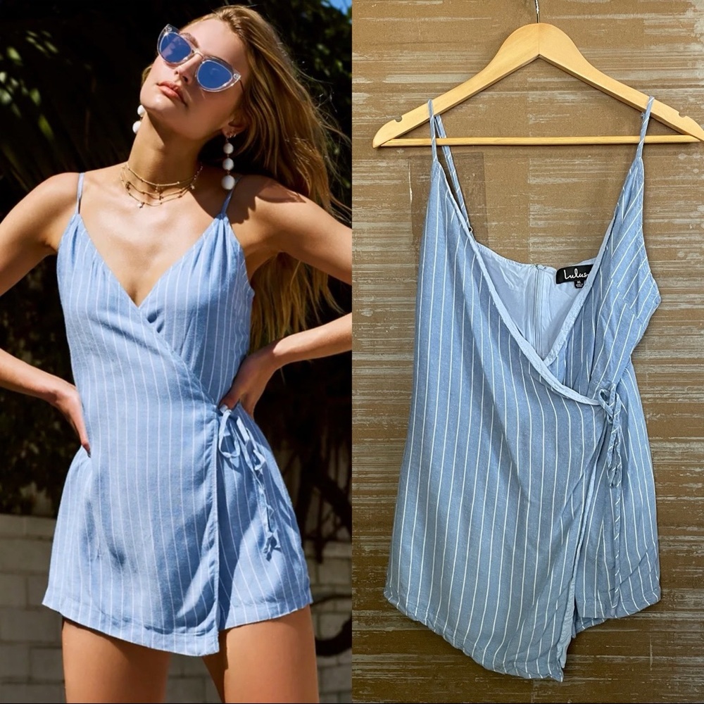 Lulu’s At the Seashore Light Blue Striped Wrap Romper Boho Beachy